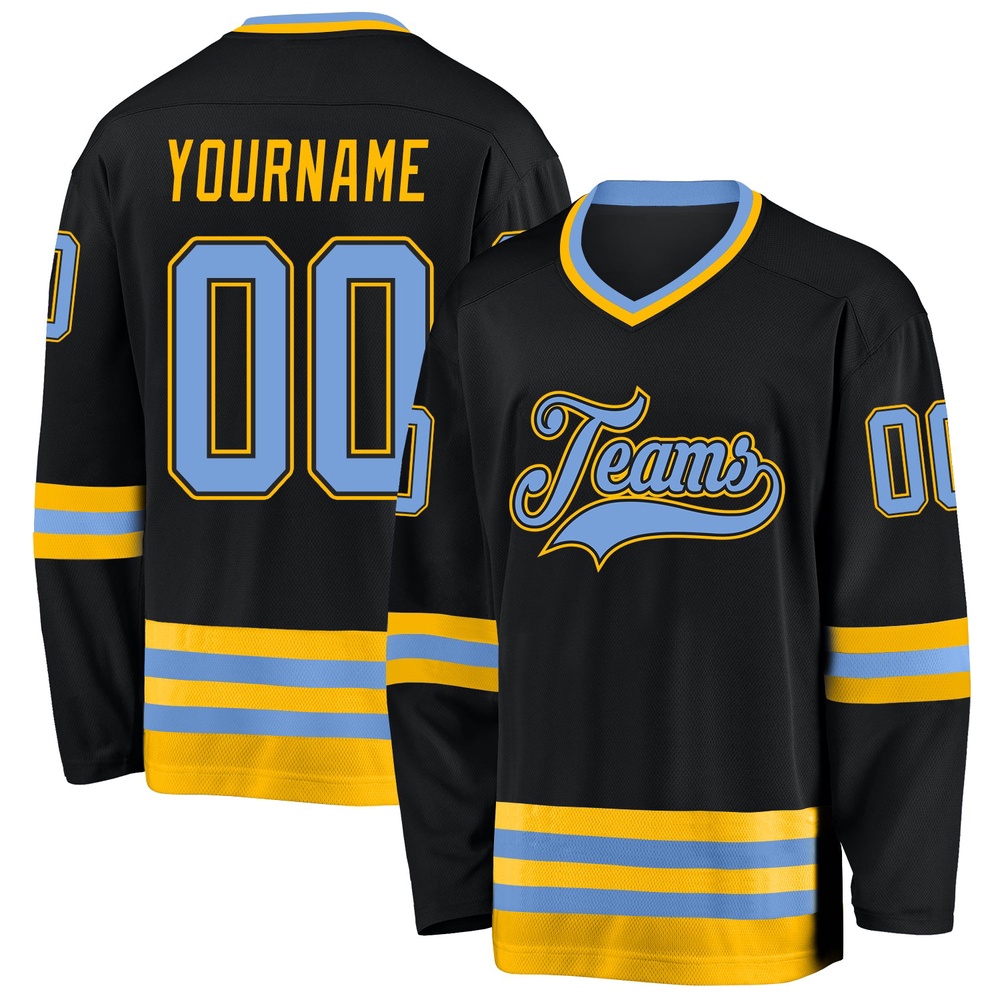 Custom Black Light Blue Gold Hockey Jersey, New Hockey Jersey, Personali Sport Team Jersey Shirt