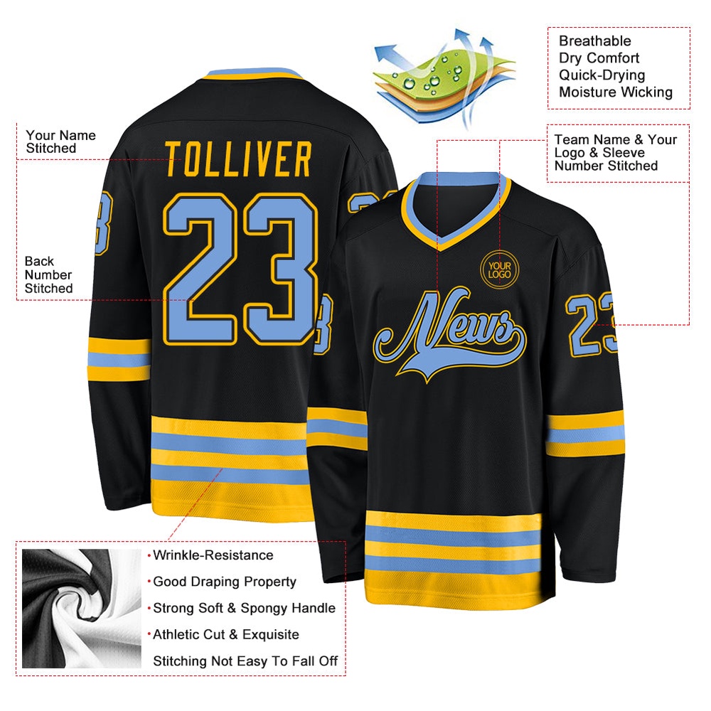 Custom Black Light Blue Gold Hockey Jersey, New Hockey Jersey, Personali Sport Team Jersey Shirt