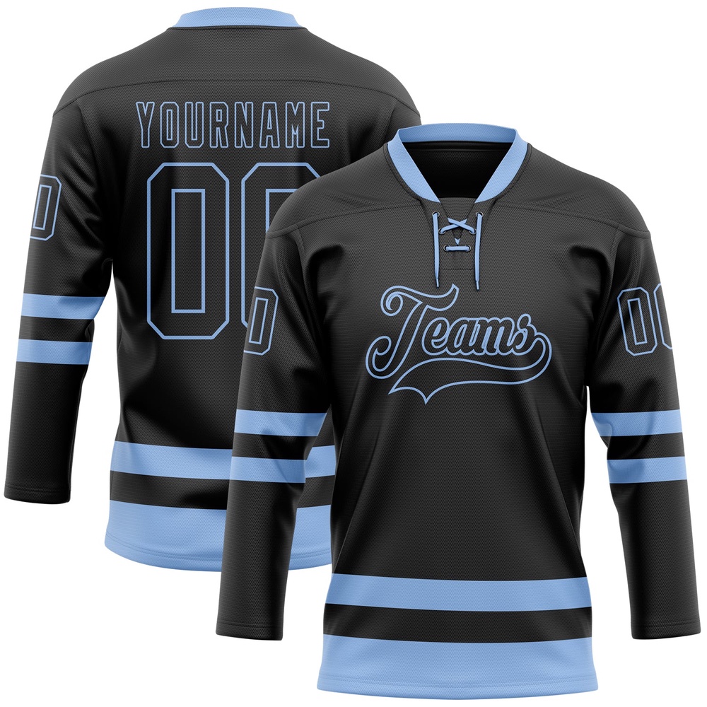 Custom Black Light Blue Hockey Lace Neck Jersey, New Hockey Jersey, Personali Sport Team Jersey Shirt Custom Black Light Blue Hockey Lace Neck Jersey, New Hockey Jersey, Personali Sport Team Jersey Shirt