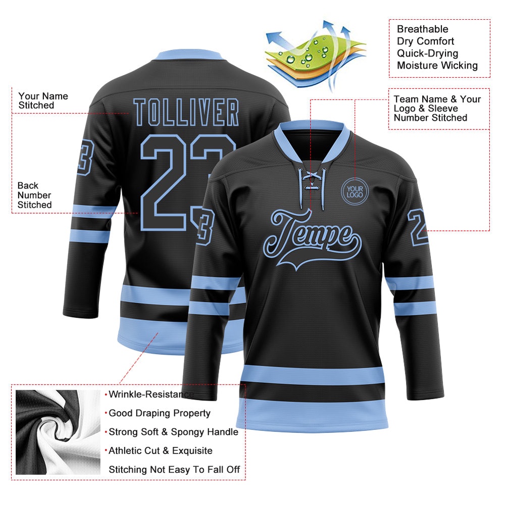 Custom Black Light Blue Hockey Lace Neck Jersey, New Hockey Jersey, Personali Sport Team Jersey Shirt Custom Black Light Blue Hockey Lace Neck Jersey, New Hockey Jersey, Personali Sport Team Jersey Shirt