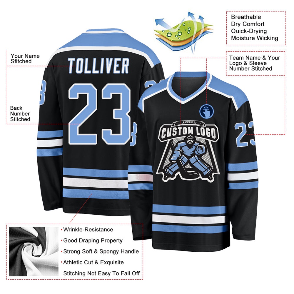 Custom Black Light Blue White Hockey Jersey, New Hockey Jersey, Personali Sport Team Jersey Shirt