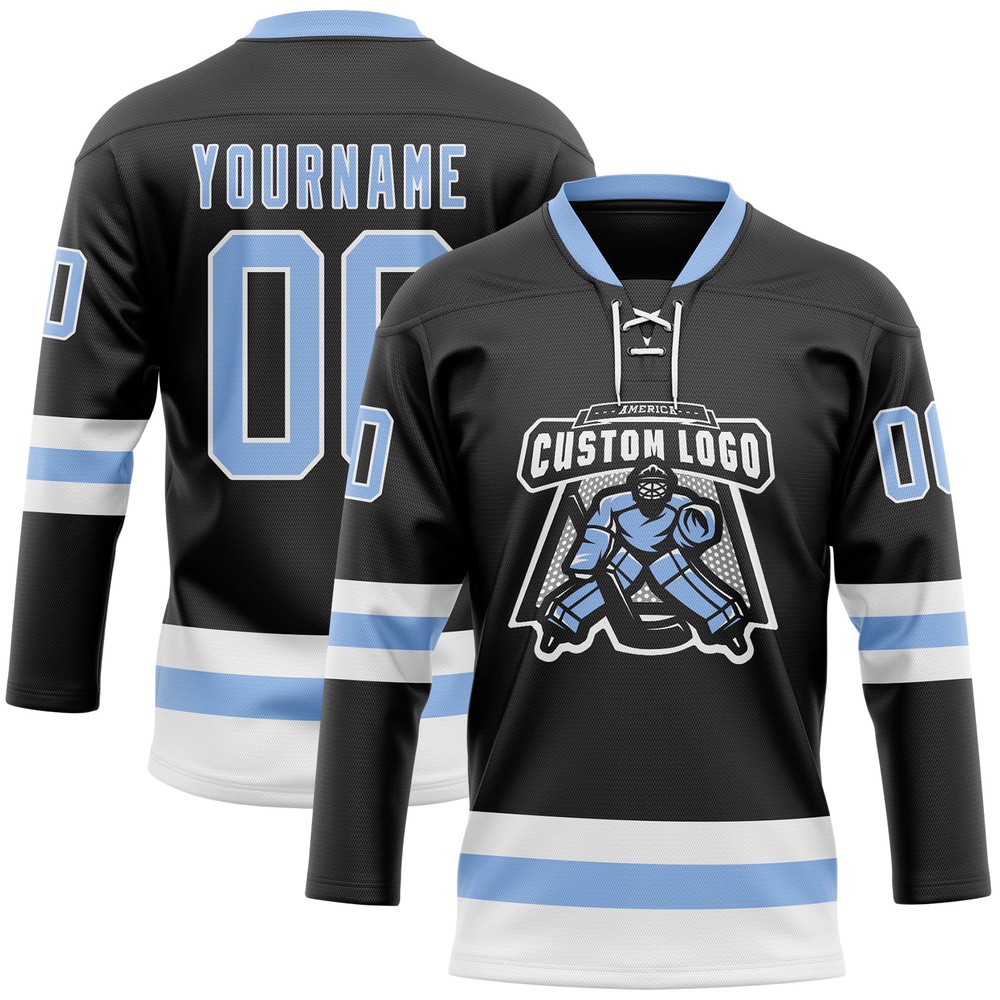 Custom Black Light Blue White Hockey Lace Neck Jersey, New Hockey Jersey, Personali Sport Team Jersey Shirt Custom Black Light Blue White Hockey Lace Neck Jersey, New Hockey Jersey, Personali Sport Team Jersey Shirt