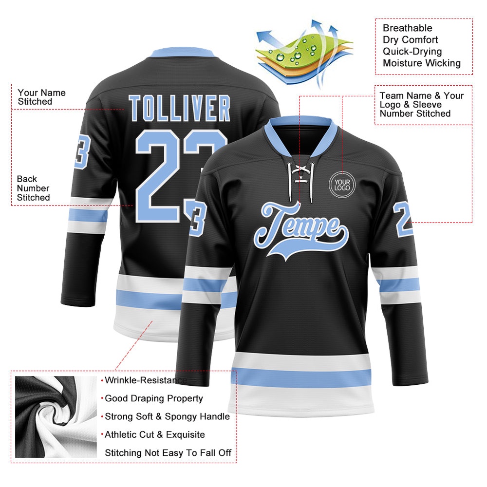 Custom Black Light Blue White Hockey Lace Neck Jersey, New Hockey Jersey, Personali Sport Team Jersey Shirt Custom Black Light Blue White Hockey Lace Neck Jersey, New Hockey Jersey, Personali Sport Team Jersey Shirt