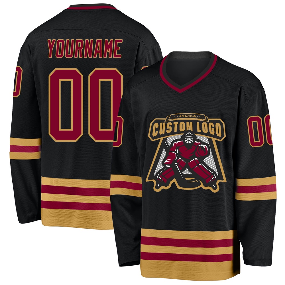 Custom Black Maroon Old Gold Hockey Jersey, New Hockey Jersey, Personali Sport Team Jersey Shirt Custom Black Maroon Old Gold Hockey Jersey, New Hockey Jersey, Personali Sport Team Jersey Shirt