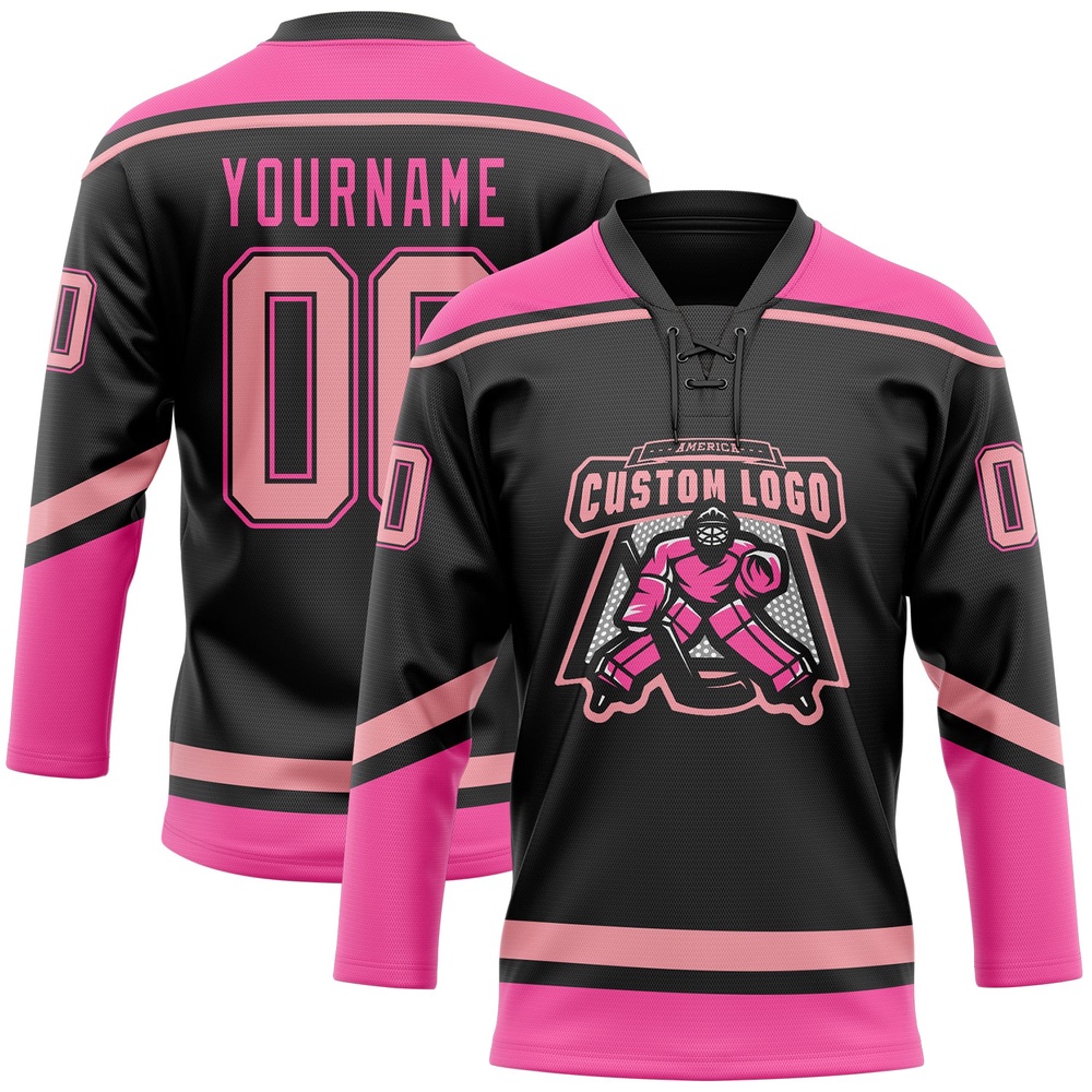 Custom Black Medium Pink Pink Hockey Lace Neck Jersey, New Hockey Jersey, Personali Sport Team Jersey Shirt