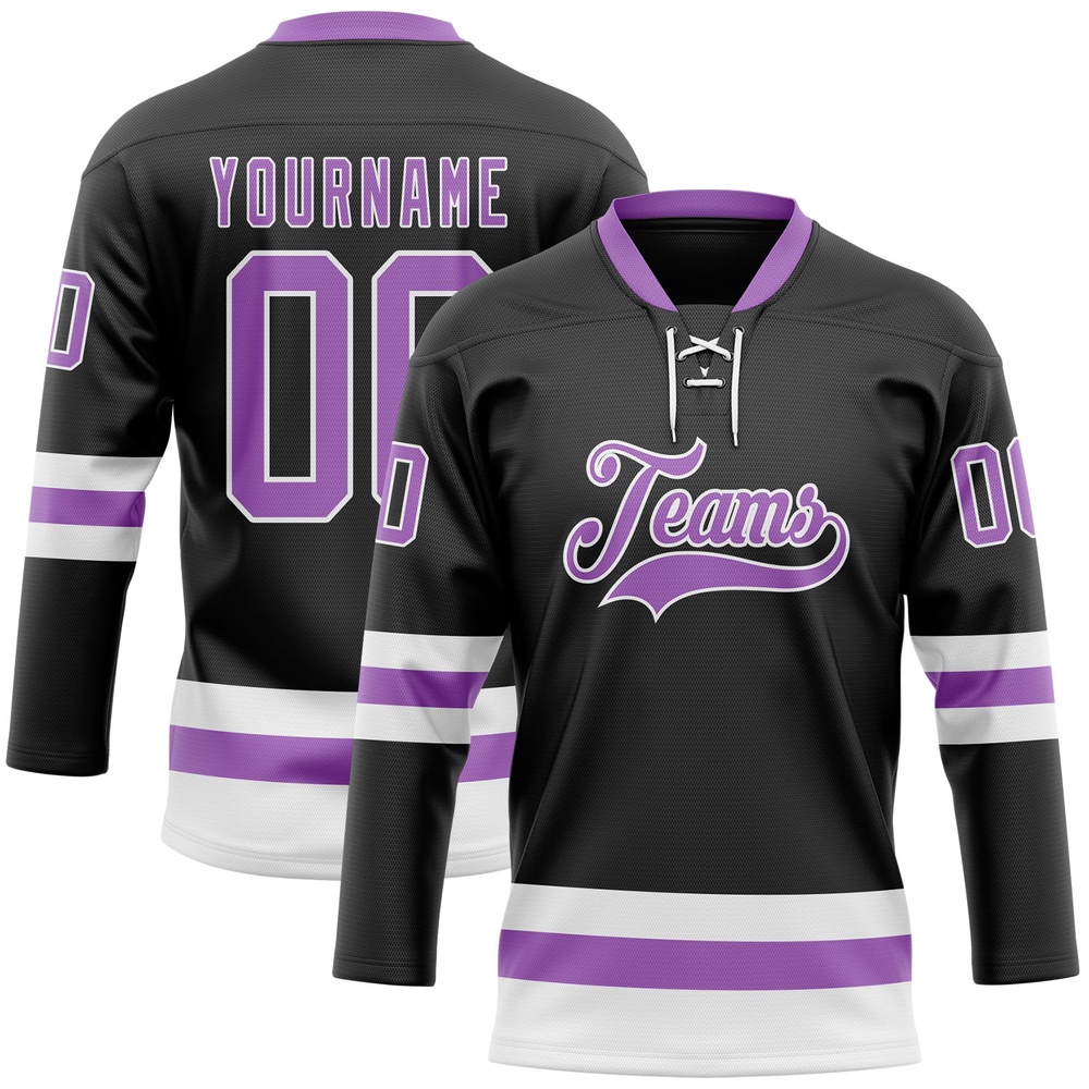 Custom Black Medium Purple White Hockey Lace Neck Jersey, New Hockey Jersey, Personali Sport Team Jersey Shirt