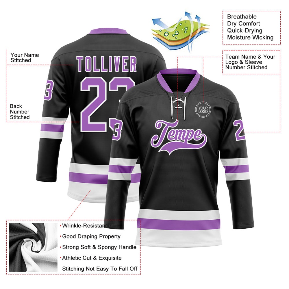 Custom Black Medium Purple White Hockey Lace Neck Jersey, New Hockey Jersey, Personali Sport Team Jersey Shirt