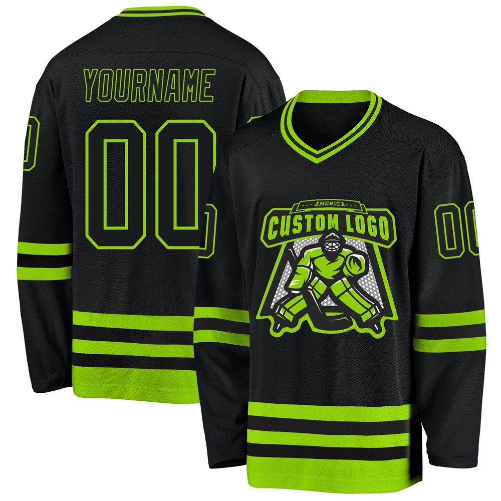 Custom Black Neon Green Hockey Jersey, New Hockey Jersey, Personali Sport Team Jersey Shirt Custom Black Neon Green Hockey Jersey, New Hockey Jersey, Personali Sport Team Jersey Shirt