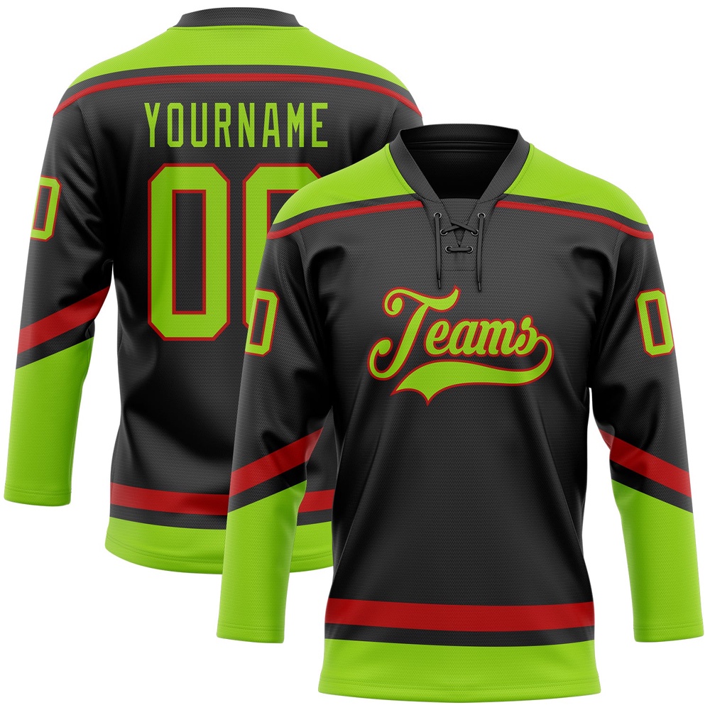 Custom Black Neon Green Red Hockey Lace Neck Jersey, New Hockey Jersey, Personali Sport Team Jersey Shirt Custom Black Neon Green Red Hockey Lace Neck Jersey, New Hockey Jersey, Personali Sport Team Jersey Shirt