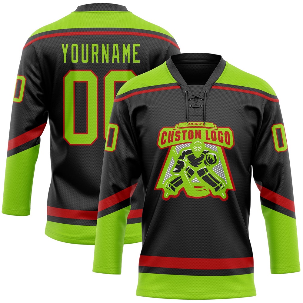 Custom Black Neon Green Red Hockey Lace Neck Jersey, New Hockey Jersey, Personali Sport Team Jersey Shirt Custom Black Neon Green Red Hockey Lace Neck Jersey, New Hockey Jersey, Personali Sport Team Jersey Shirt