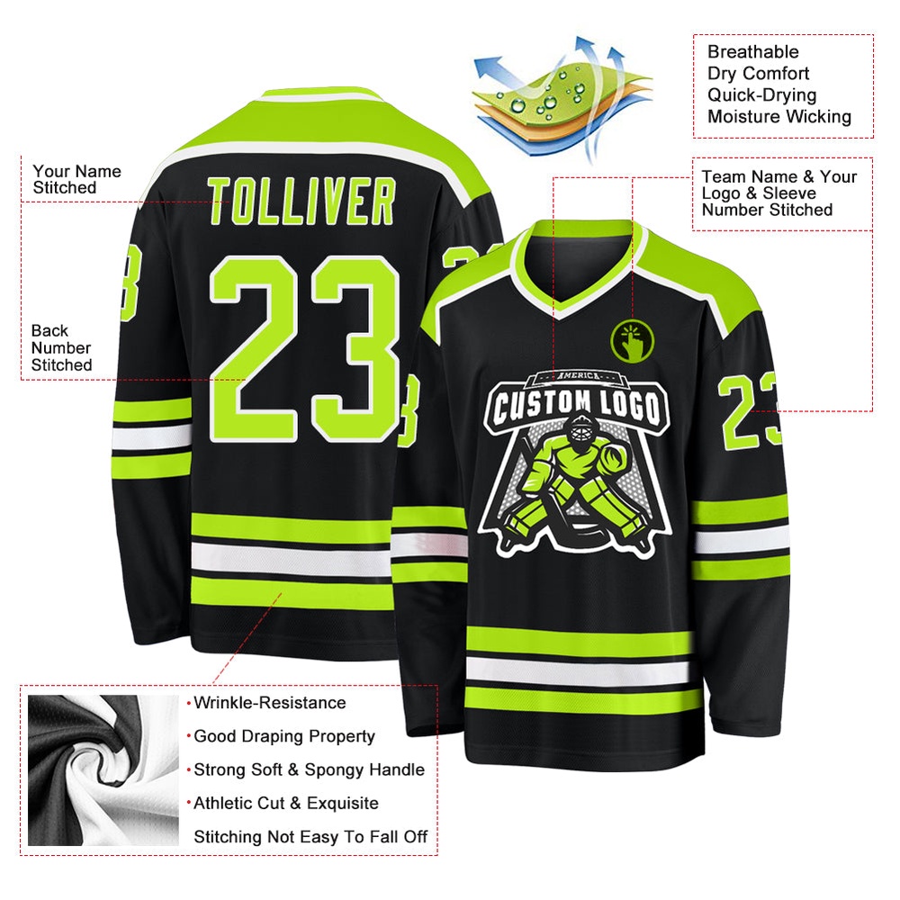 Custom Black Neon Green White Hockey Jersey, New Hockey Jersey, Personali Sport Team Jersey Shirt