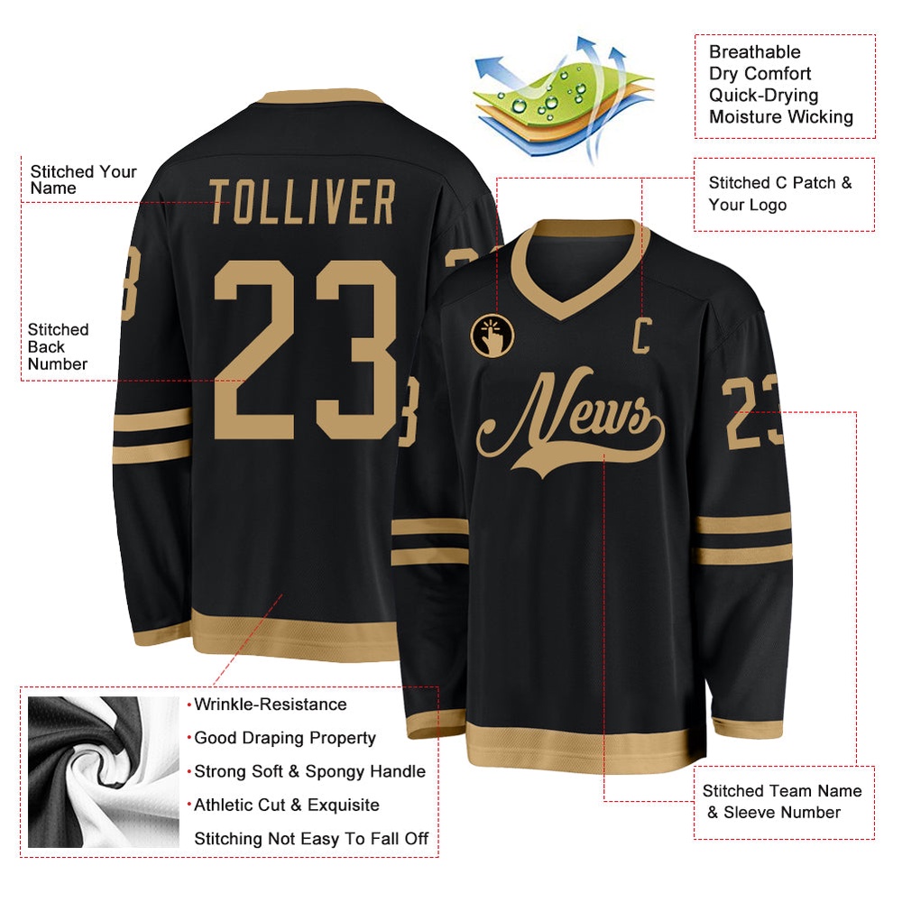 Custom Black Old Gold Hockey Jersey, New Hockey Jersey, Personali Sport Team Jersey Shirt Custom Black Old Gold Hockey Jersey, New Hockey Jersey, Personali Sport Team Jersey Shirt