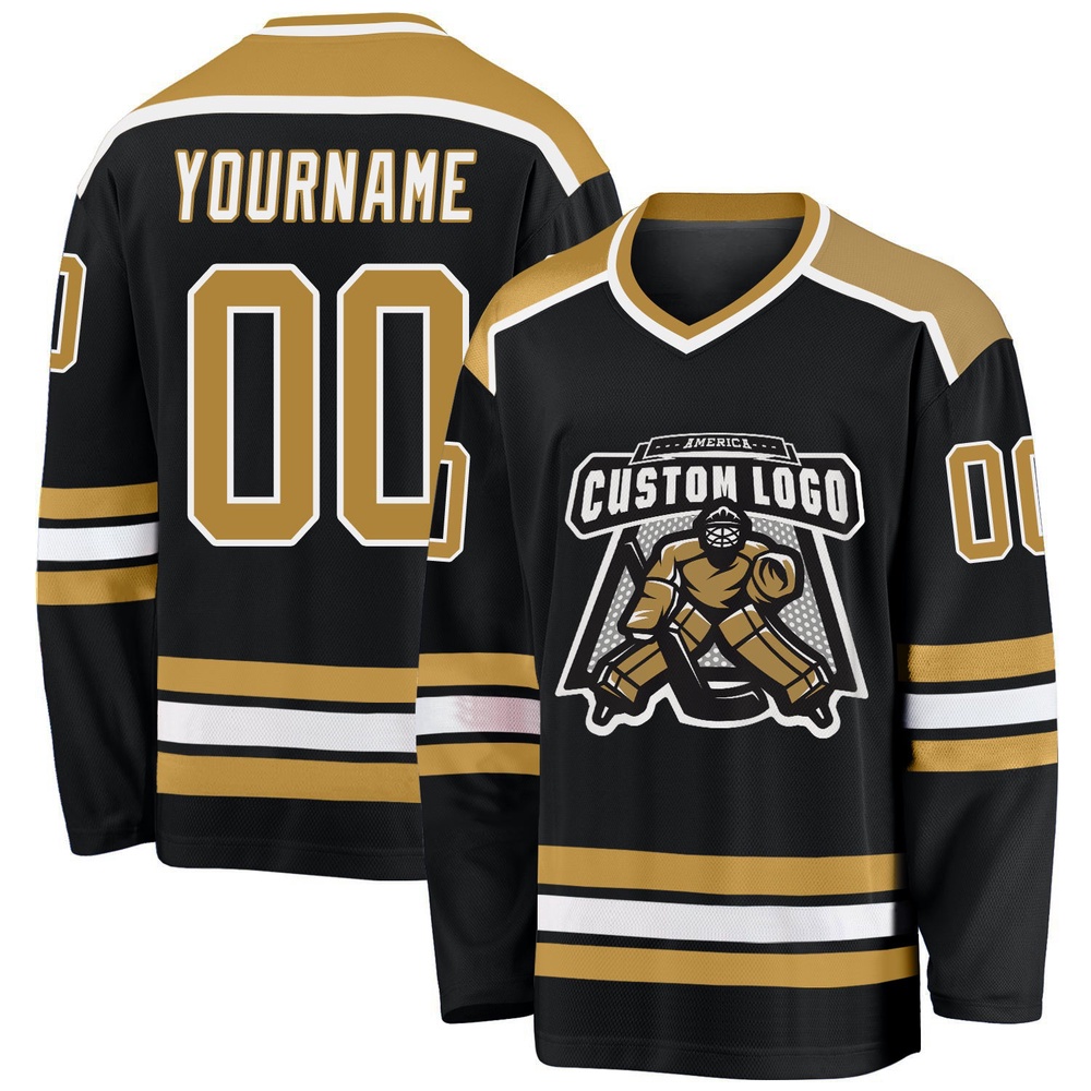 Custom Black Old Gold White Hockey Jersey, New Hockey Jersey, Personali Sport Team Jersey Shirt Custom Black Old Gold White Hockey Jersey, New Hockey Jersey, Personali Sport Team Jersey Shirt