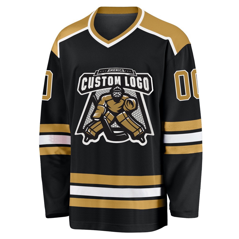 Custom Black Old Gold White Hockey Jersey, New Hockey Jersey, Personali Sport Team Jersey Shirt Custom Black Old Gold White Hockey Jersey, New Hockey Jersey, Personali Sport Team Jersey Shirt