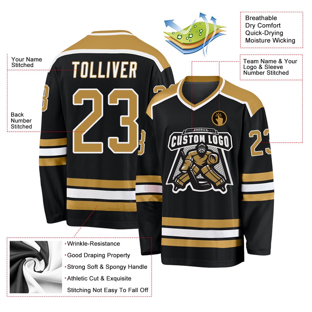 Custom Black Old Gold White Hockey Jersey, New Hockey Jersey, Personali Sport Team Jersey Shirt Custom Black Old Gold White Hockey Jersey, New Hockey Jersey, Personali Sport Team Jersey Shirt