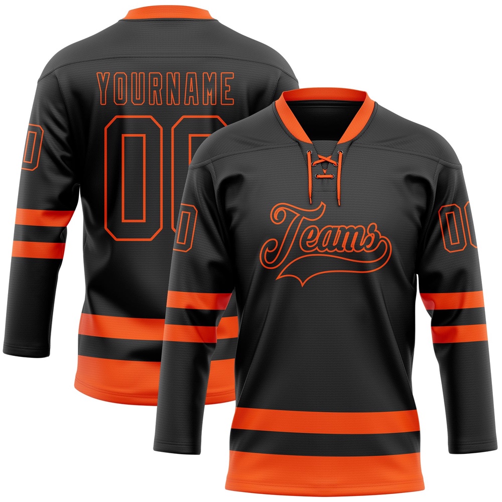 Custom Black Orange Hockey Lace Neck Jersey, New Hockey Jersey, Personali Sport Team Jersey Shirt