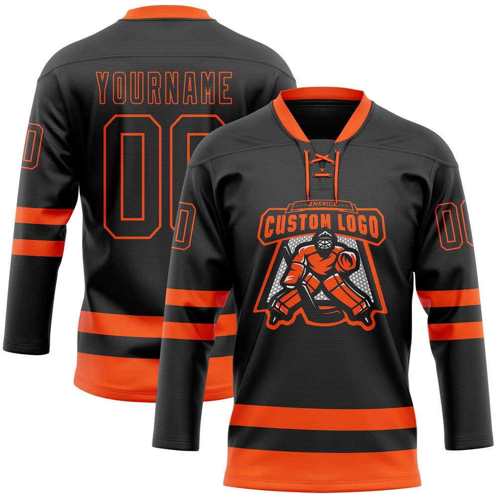 Custom Black Orange Hockey Lace Neck Jersey, New Hockey Jersey, Personali Sport Team Jersey Shirt