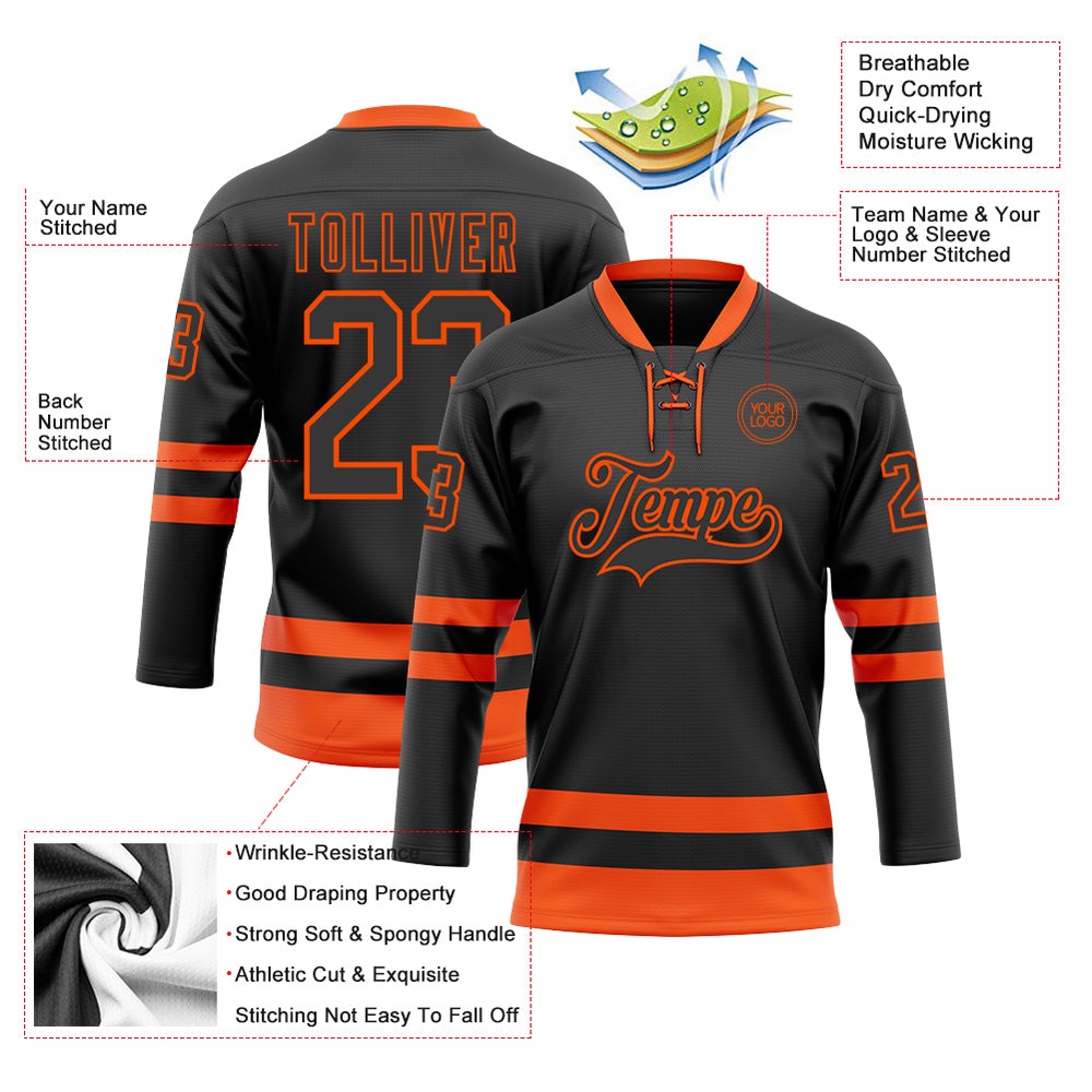 Custom Black Orange Hockey Lace Neck Jersey, New Hockey Jersey, Personali Sport Team Jersey Shirt