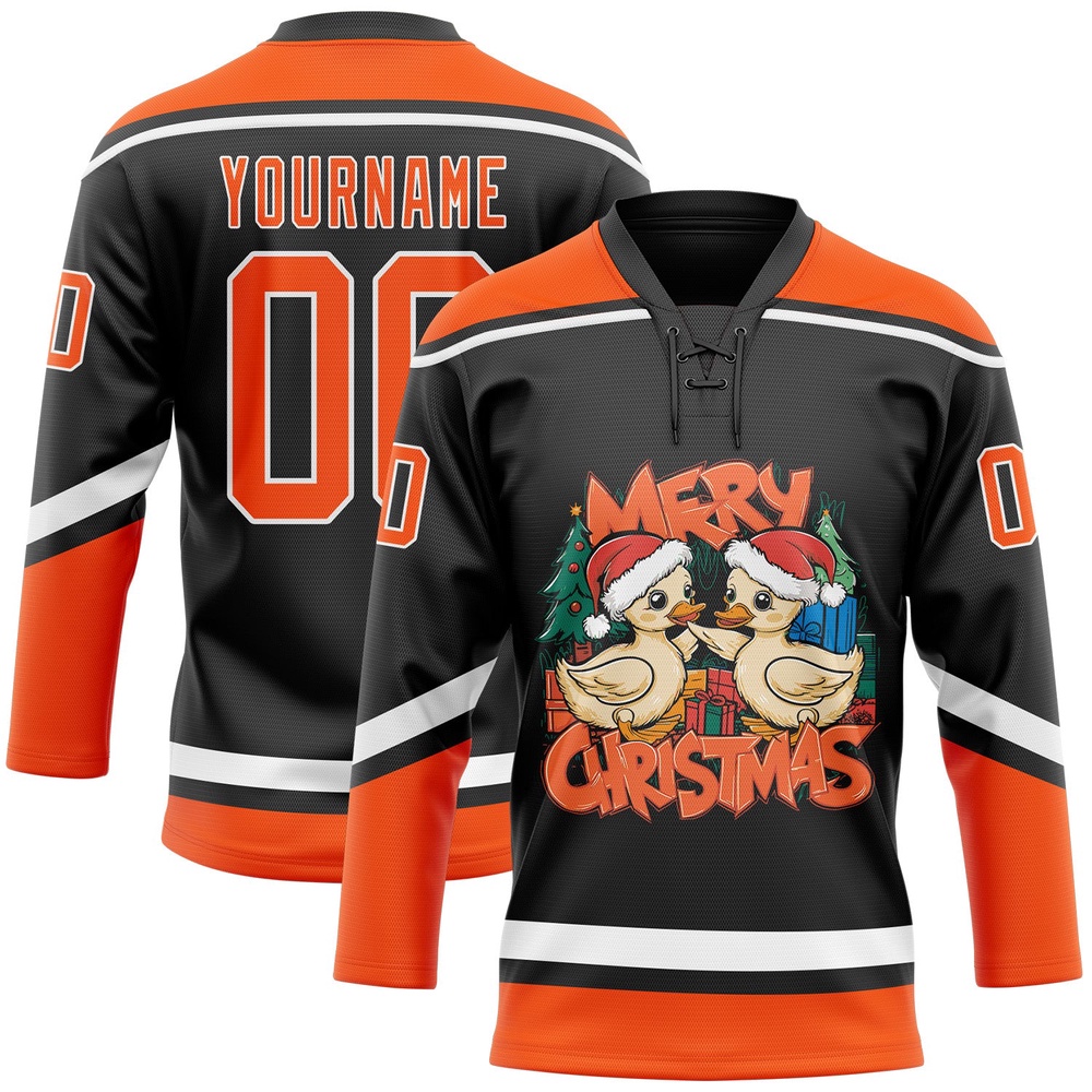 Custom Black Orange White Funny Christmas 3D Hockey Lace Neck Jersey, New Hockey Jersey, Personali Sport Team Jersey Shirt Custom Black Orange White Funny Christmas 3D Hockey Lace Neck Jersey, New Hockey Jersey, Personali Sport Team Jersey Shirt