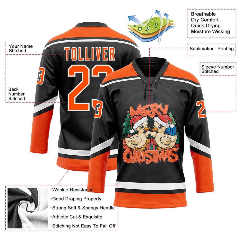 Custom Black Orange White Funny Christmas 3D Hockey Lace Neck Jersey, New Hockey Jersey, Personali Sport Team Jersey Shirt Custom Black Orange White Funny Christmas 3D Hockey Lace Neck Jersey, New Hockey Jersey, Personali Sport Team Jersey Shirt