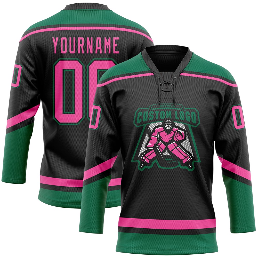 Custom Black Pink Kelly Green Hockey Lace Neck Jersey, New Hockey Jersey, Personali Sport Team Jersey Shirt