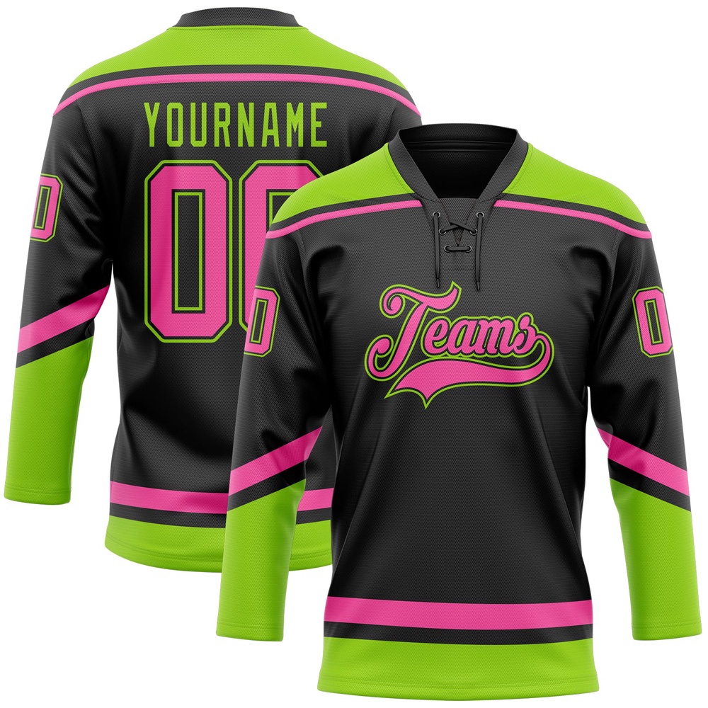 Custom Black Pink Neon Green Hockey Lace Neck Jersey, New Hockey Jersey, Personali Sport Team Jersey Shirt Custom Black Pink Neon Green Hockey Lace Neck Jersey, New Hockey Jersey, Personali Sport Team Jersey Shirt