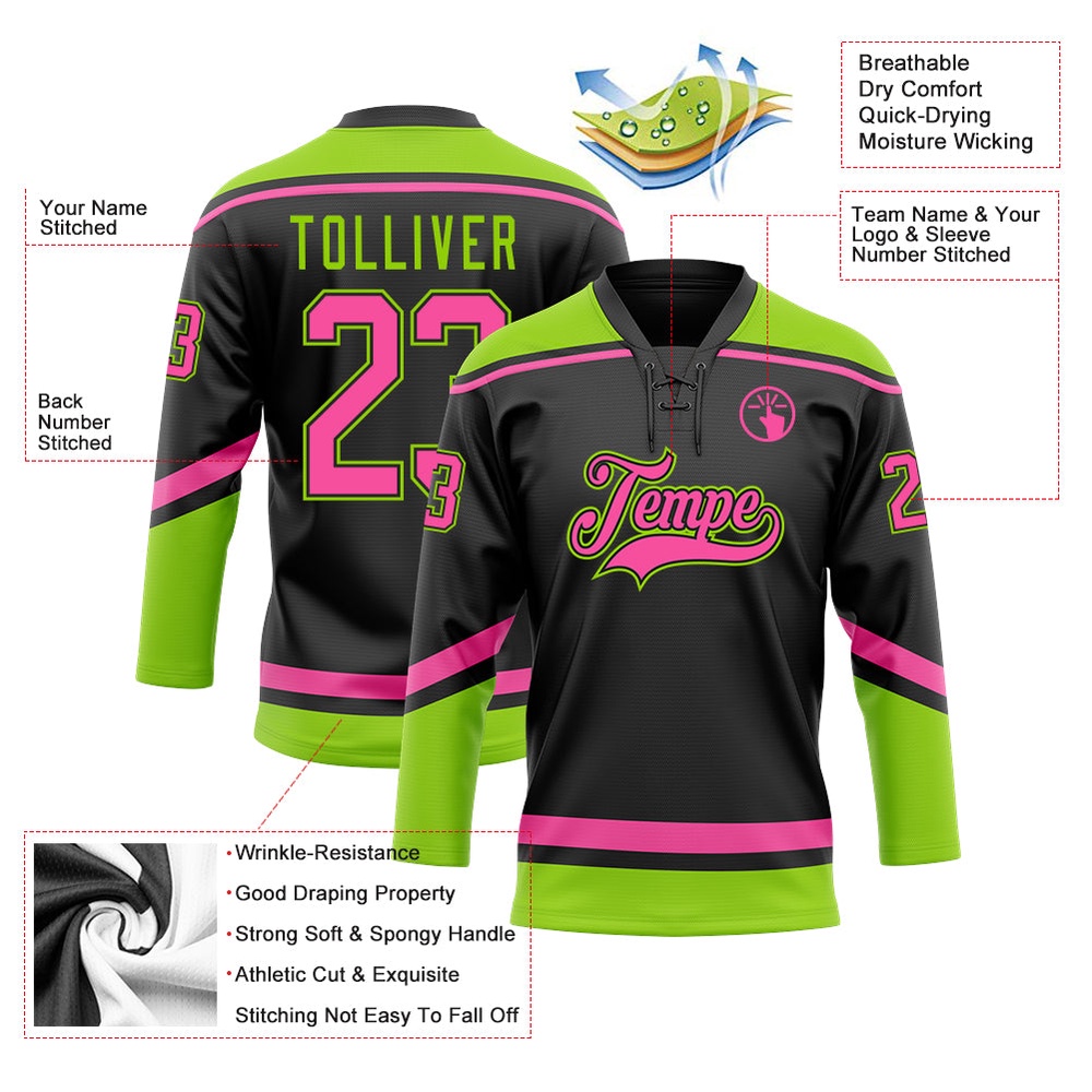 Custom Black Pink Neon Green Hockey Lace Neck Jersey, New Hockey Jersey, Personali Sport Team Jersey Shirt Custom Black Pink Neon Green Hockey Lace Neck Jersey, New Hockey Jersey, Personali Sport Team Jersey Shirt
