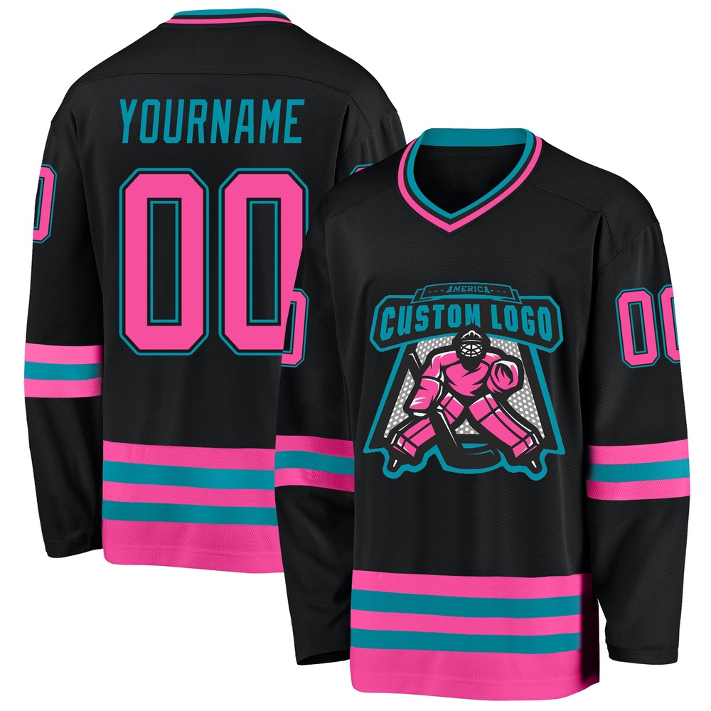 Custom Black Pink Teal Hockey Jersey, New Hockey Jersey, Personali Sport Team Jersey Shirt Custom Black Pink Teal Hockey Jersey, New Hockey Jersey, Personali Sport Team Jersey Shirt