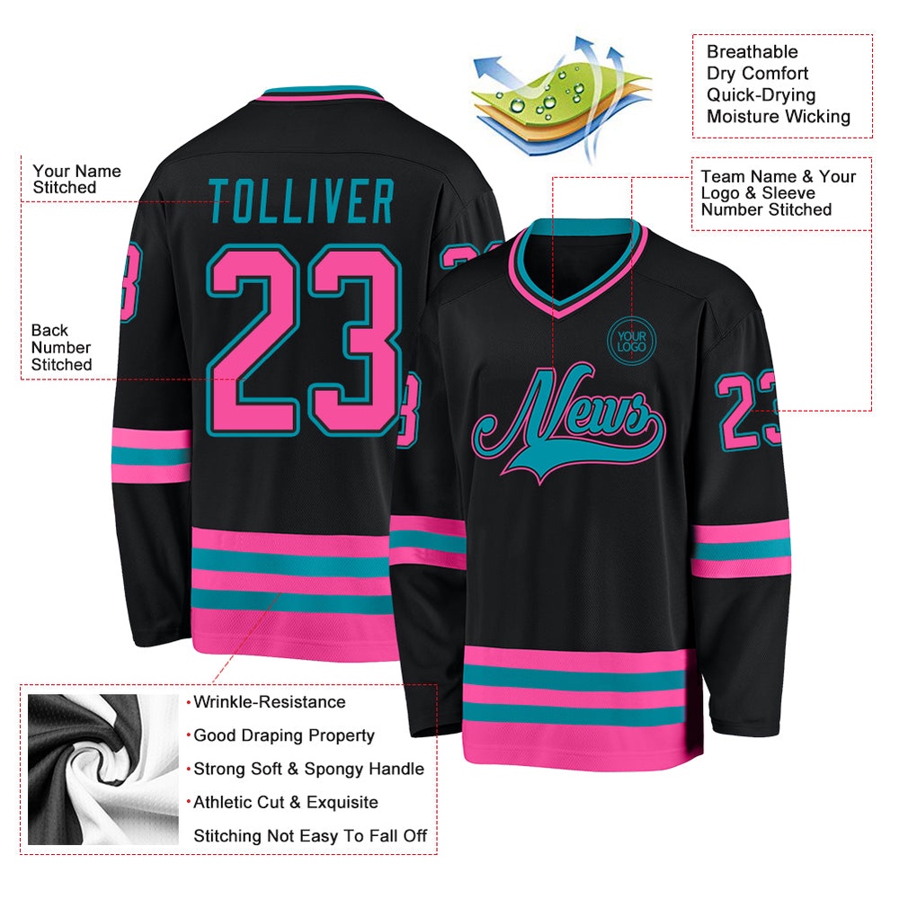 Custom Black Pink Teal Hockey Jersey, New Hockey Jersey, Personali Sport Team Jersey Shirt Custom Black Pink Teal Hockey Jersey, New Hockey Jersey, Personali Sport Team Jersey Shirt