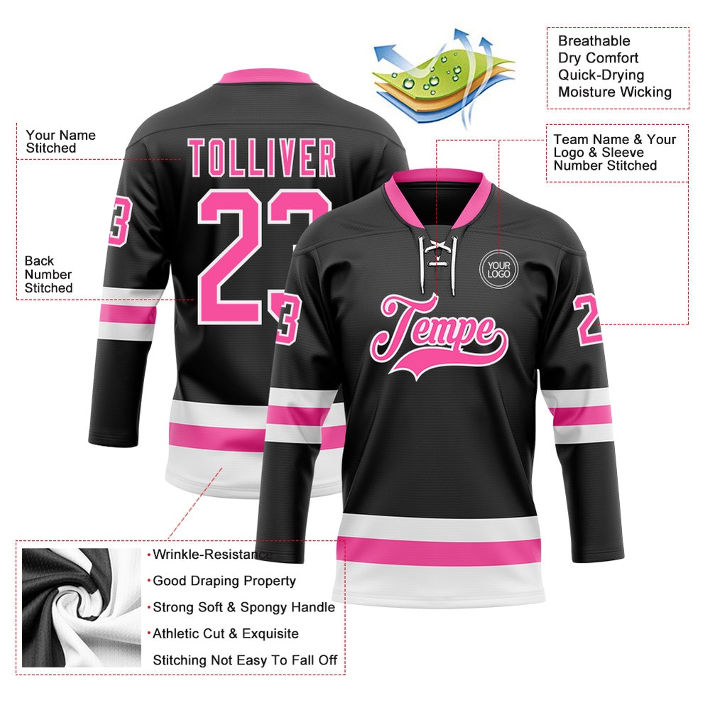 Custom Black Pink White Hockey Lace Neck Jersey, New Hockey Jersey, Personali Sport Team Jersey Shirt Custom Black Pink White Hockey Lace Neck Jersey, New Hockey Jersey, Personali Sport Team Jersey Shirt