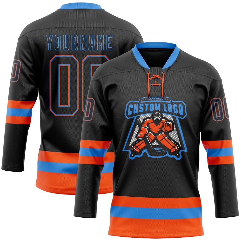 Custom Black Powder Blue Orange Hockey Lace Neck Jersey, New Hockey Jersey, Personali Sport Team Jersey Shirt Custom Black Powder Blue Orange Hockey Lace Neck Jersey, New Hockey Jersey, Personali Sport Team Jersey Shirt
