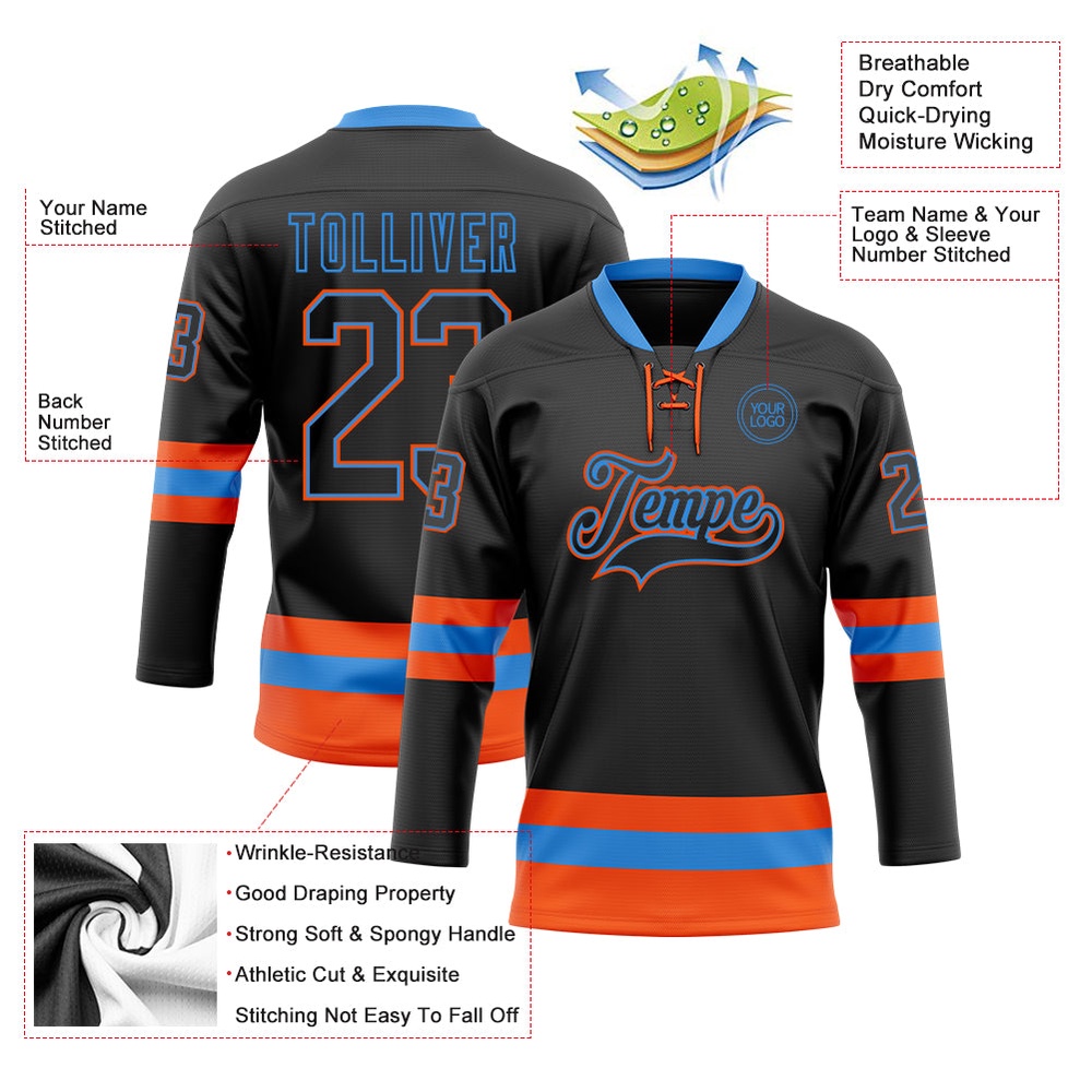 Custom Black Powder Blue Orange Hockey Lace Neck Jersey, New Hockey Jersey, Personali Sport Team Jersey Shirt Custom Black Powder Blue Orange Hockey Lace Neck Jersey, New Hockey Jersey, Personali Sport Team Jersey Shirt