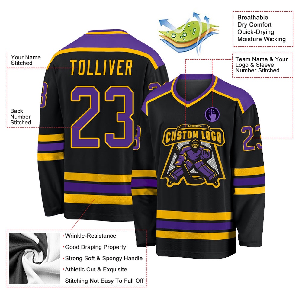 Custom Black Purple Gold Hockey Jersey, New Hockey Jersey, Personali Sport Team Jersey Shirt Custom Black Purple Gold Hockey Jersey, New Hockey Jersey, Personali Sport Team Jersey Shirt