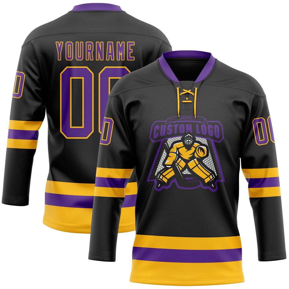 Custom Black Purple Gold Hockey Lace Neck Jersey, New Hockey Jersey, Personali Sport Team Jersey Shirt Custom Black Purple Gold Hockey Lace Neck Jersey, New Hockey Jersey, Personali Sport Team Jersey Shirt
