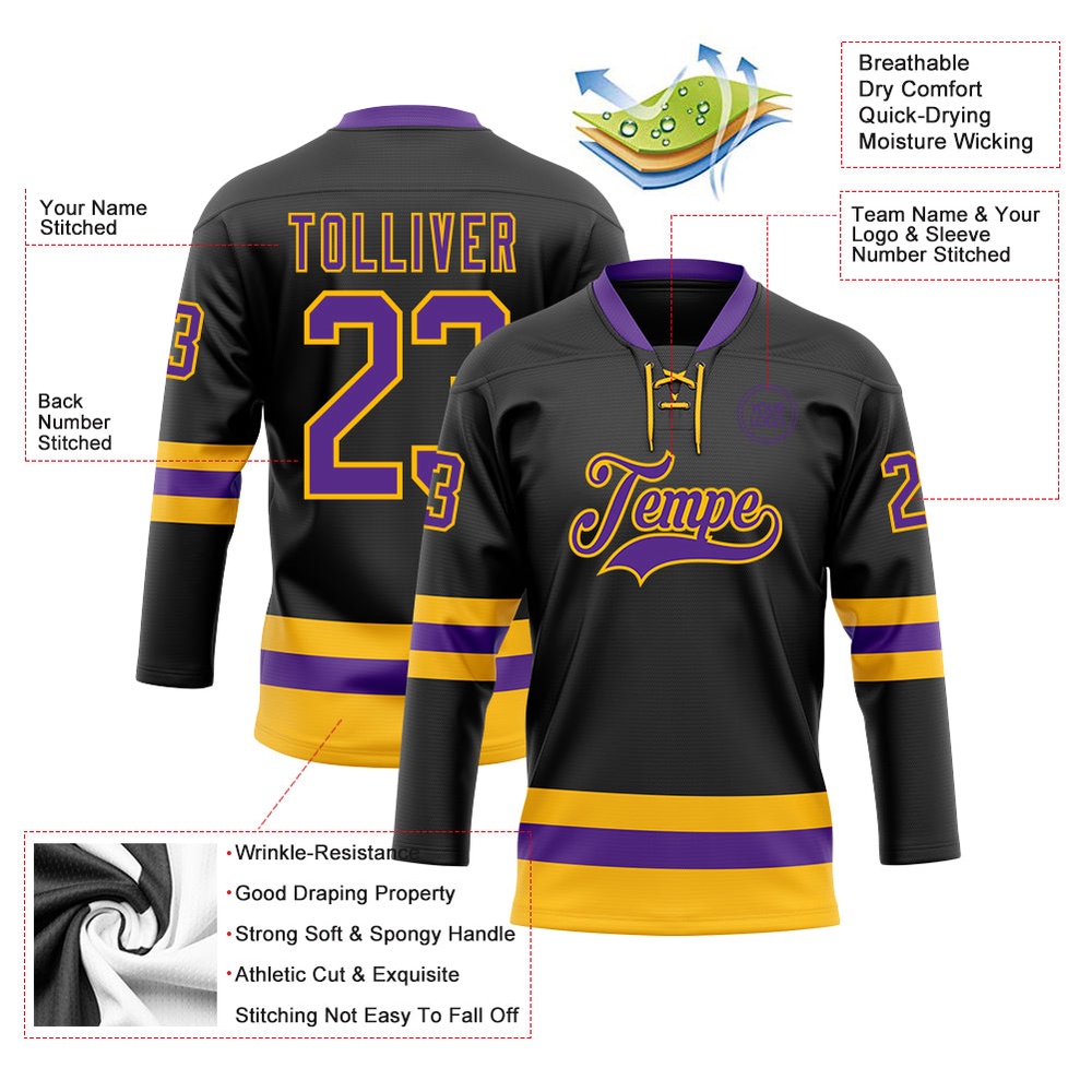 Custom Black Purple Gold Hockey Lace Neck Jersey, New Hockey Jersey, Personali Sport Team Jersey Shirt Custom Black Purple Gold Hockey Lace Neck Jersey, New Hockey Jersey, Personali Sport Team Jersey Shirt