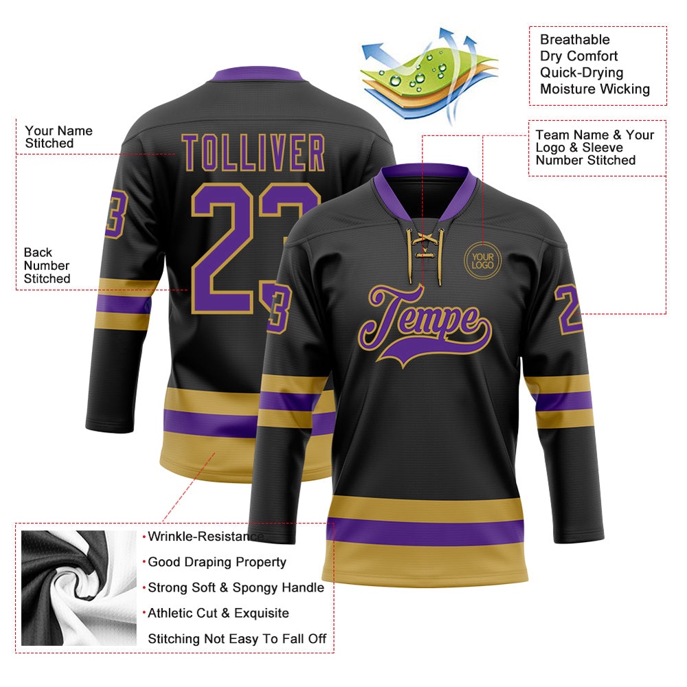 Custom Black Purple Old Gold Hockey Lace Neck Jersey, New Hockey Jersey, Personali Sport Team Jersey Shirt Custom Black Purple Old Gold Hockey Lace Neck Jersey, New Hockey Jersey, Personali Sport Team Jersey Shirt