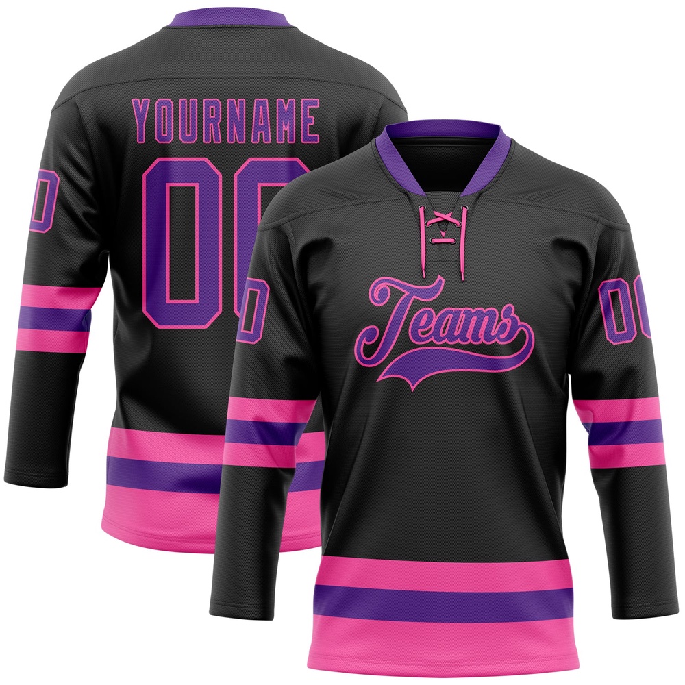 Custom Black Purple Pink Hockey Lace Neck Jersey, New Hockey Jersey, Personali Sport Team Jersey Shirt Custom Black Purple Pink Hockey Lace Neck Jersey, New Hockey Jersey, Personali Sport Team Jersey Shirt