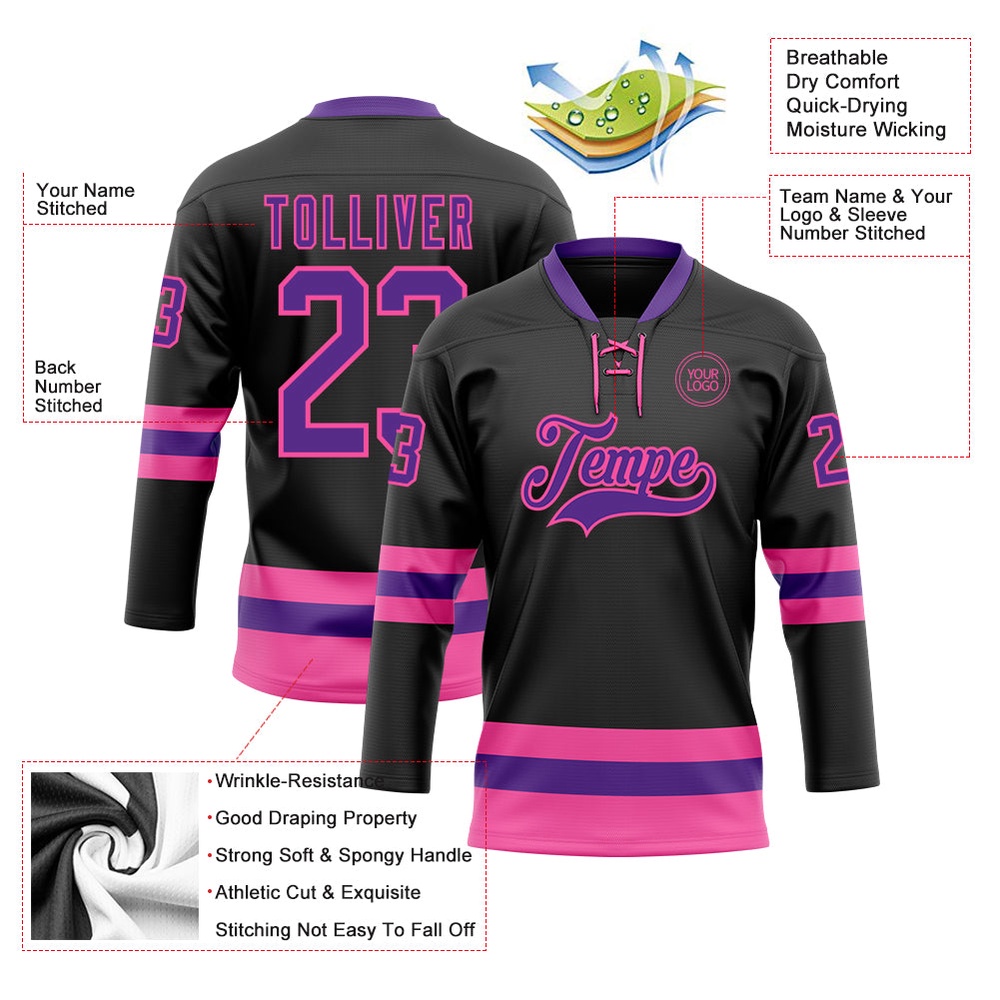 Custom Black Purple Pink Hockey Lace Neck Jersey, New Hockey Jersey, Personali Sport Team Jersey Shirt Custom Black Purple Pink Hockey Lace Neck Jersey, New Hockey Jersey, Personali Sport Team Jersey Shirt