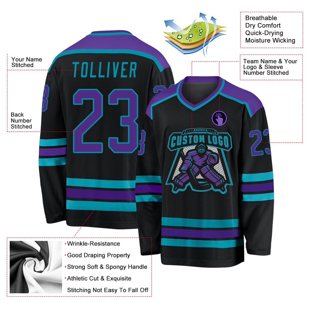 Custom Black Purple Teal Hockey Jersey, New Hockey Jersey, Personali Sport Team Jersey Shirt