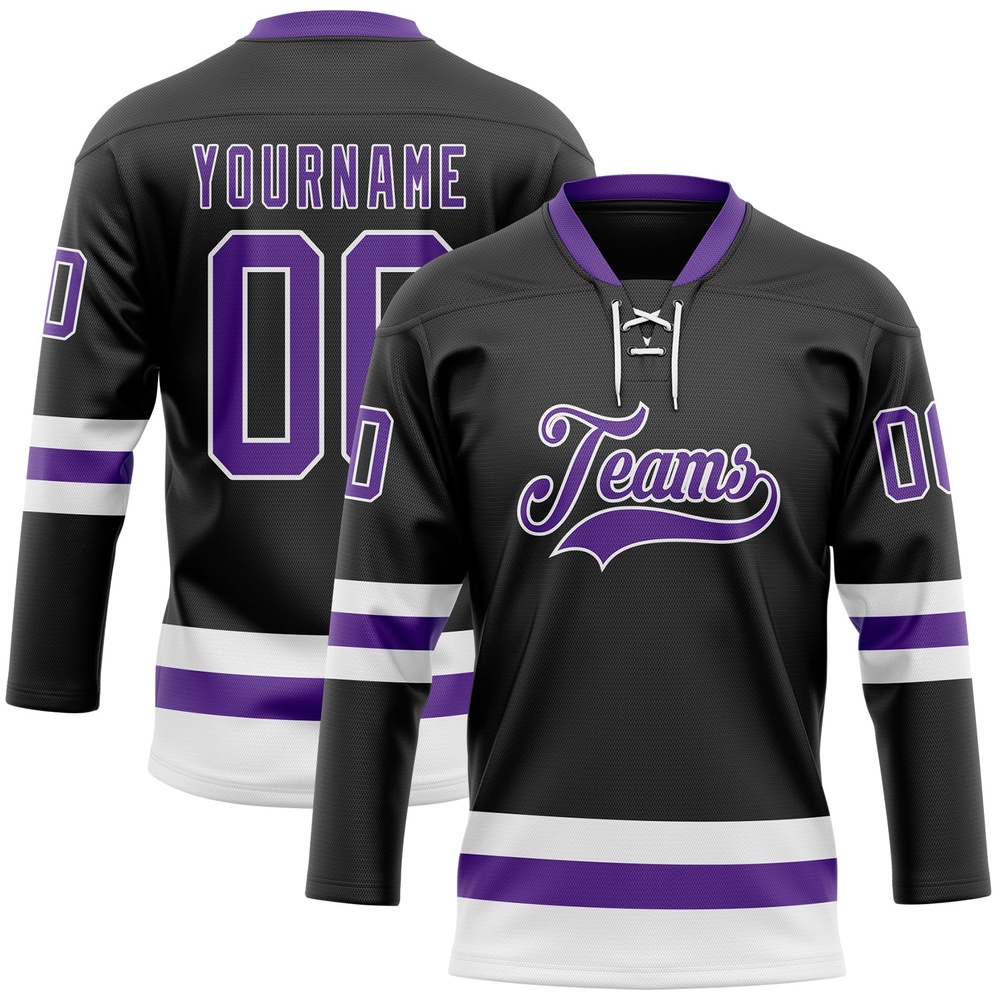 Custom Black Purple White Hockey Lace Neck Jersey, New Hockey Jersey, Personali Sport Team Jersey Shirt