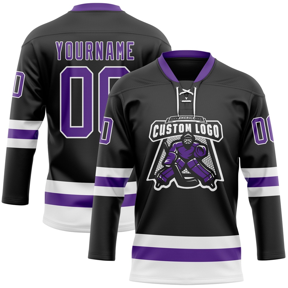 Custom Black Purple White Hockey Lace Neck Jersey, New Hockey Jersey, Personali Sport Team Jersey Shirt
