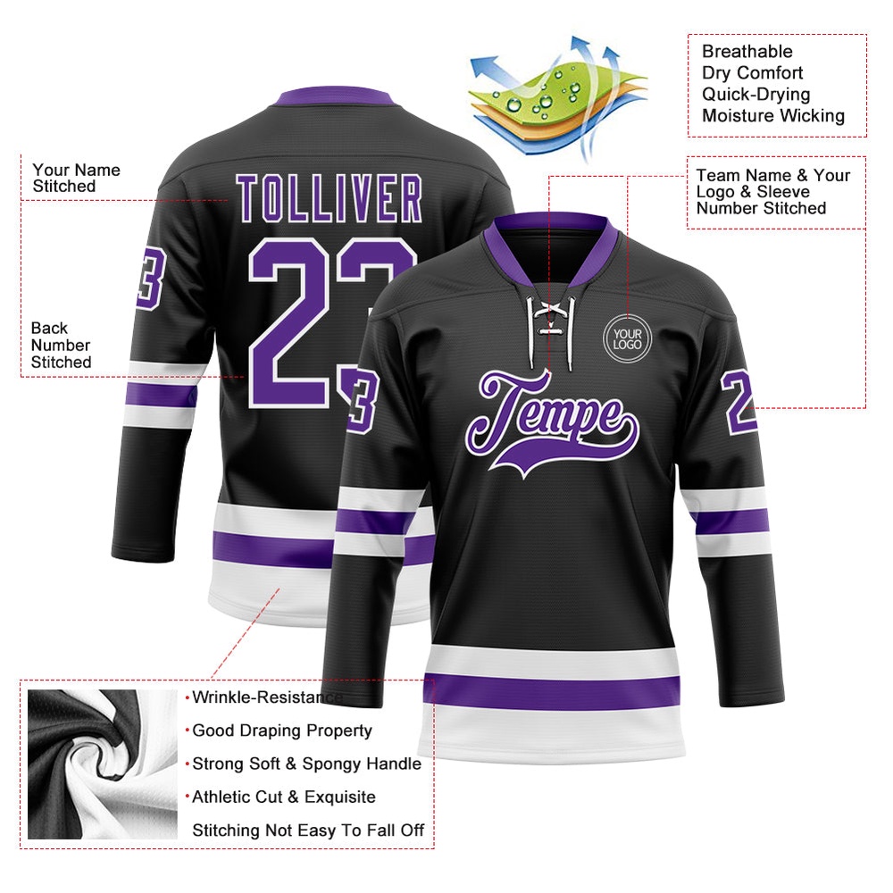 Custom Black Purple White Hockey Lace Neck Jersey, New Hockey Jersey, Personali Sport Team Jersey Shirt
