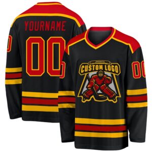 Custom Black Red Gold Hockey Jersey, New&hellip;