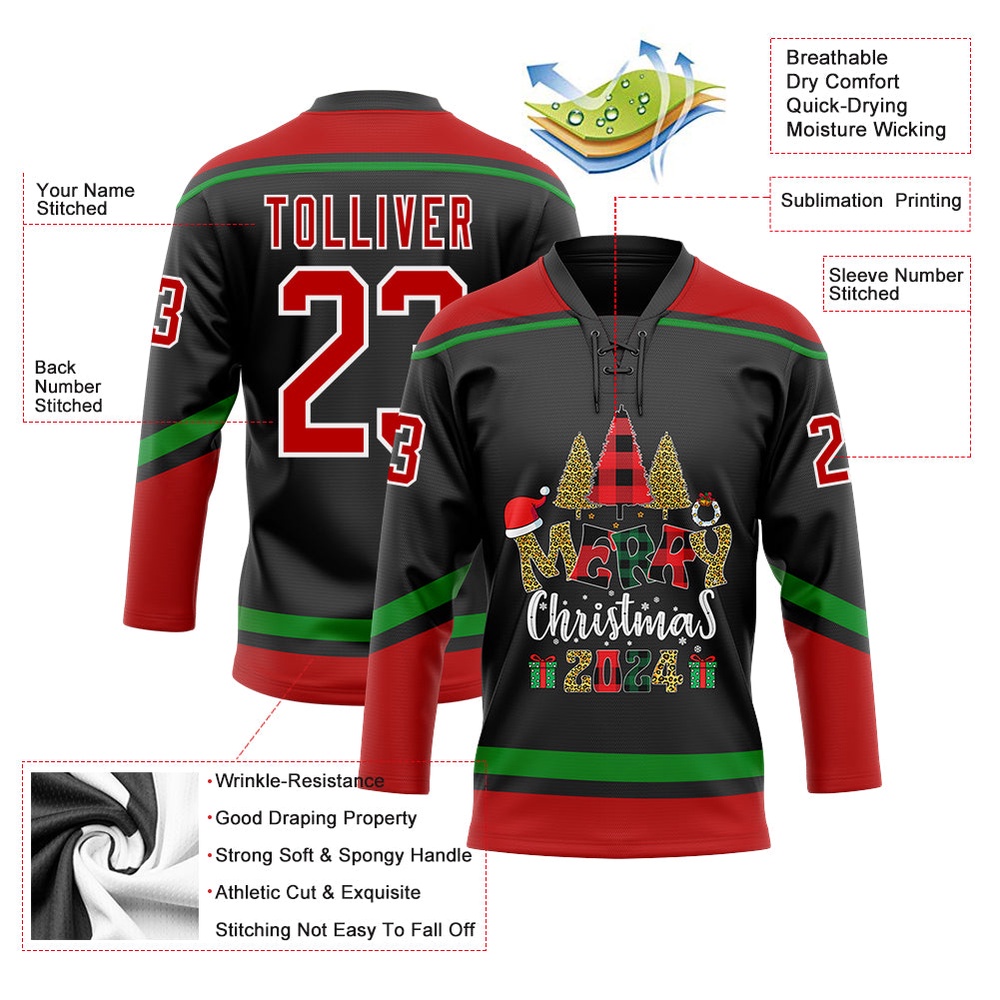Custom Black Red Grass Green Funny Christmas 3D Hockey Lace Neck Jersey, New Hockey Jersey, Personali Sport Team Jersey Shirt Custom Black Red Grass Green Funny Christmas 3D Hockey Lace Neck Jersey, New Hockey Jersey, Personali Sport Team Jersey Shirt