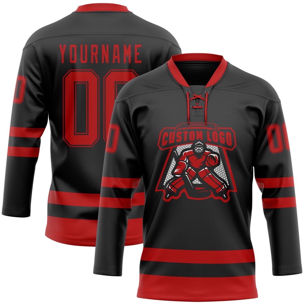 Custom Black Red Hockey Lace Neck Jersey, New Hockey Jersey, Personali Sport Team Jersey Shirt