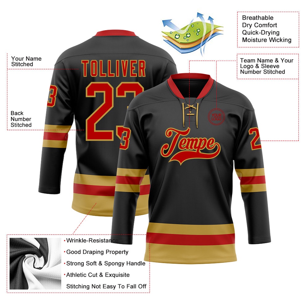 Custom Black Red Old Gold Hockey Lace Neck Jersey, New Hockey Jersey, Personali Sport Team Jersey Shirt
