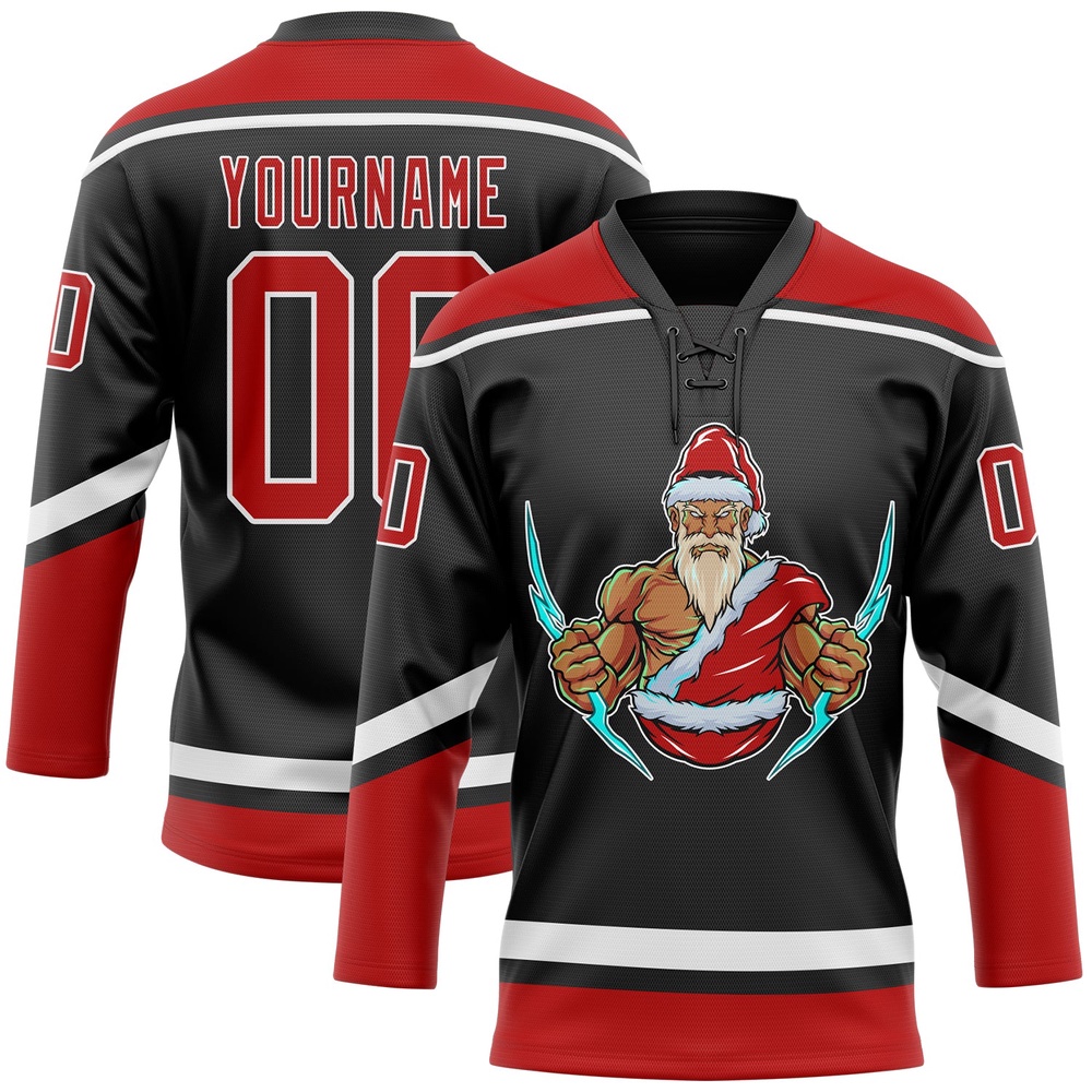 Custom Black Red White Christmas Santa Claus 3D Hockey Lace Neck Jersey, New Hockey Jersey, Personali Sport Team Jersey Shirt