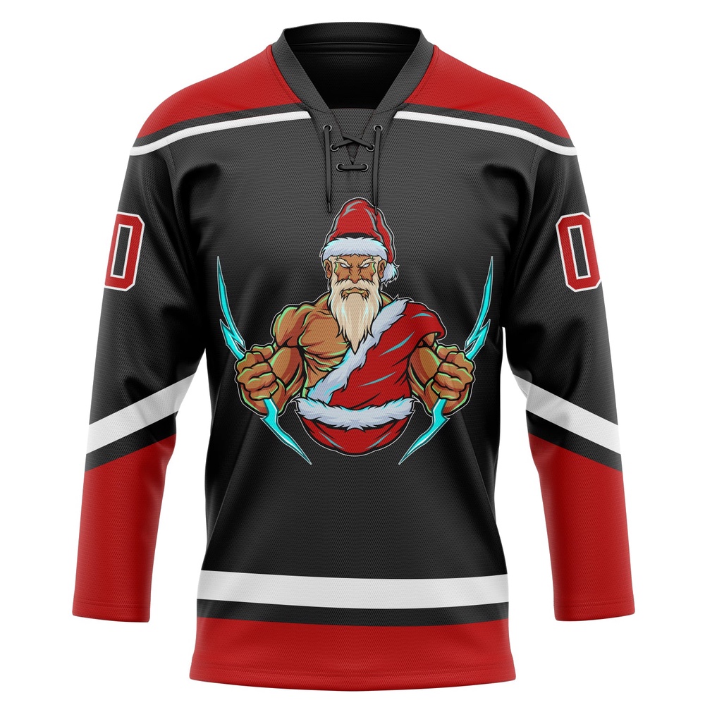 Custom Black Red White Christmas Santa Claus 3D Hockey Lace Neck Jersey, New Hockey Jersey, Personali Sport Team Jersey Shirt