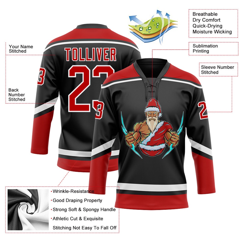 Custom Black Red White Christmas Santa Claus 3D Hockey Lace Neck Jersey, New Hockey Jersey, Personali Sport Team Jersey Shirt