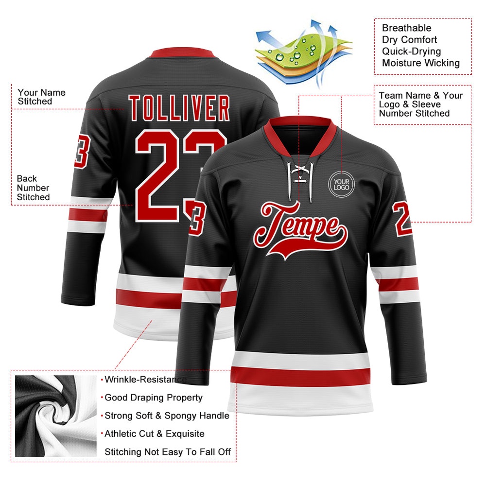 Custom Black Red White Hockey Lace Neck Jersey, New Hockey Jersey, Personali Sport Team Jersey Shirt